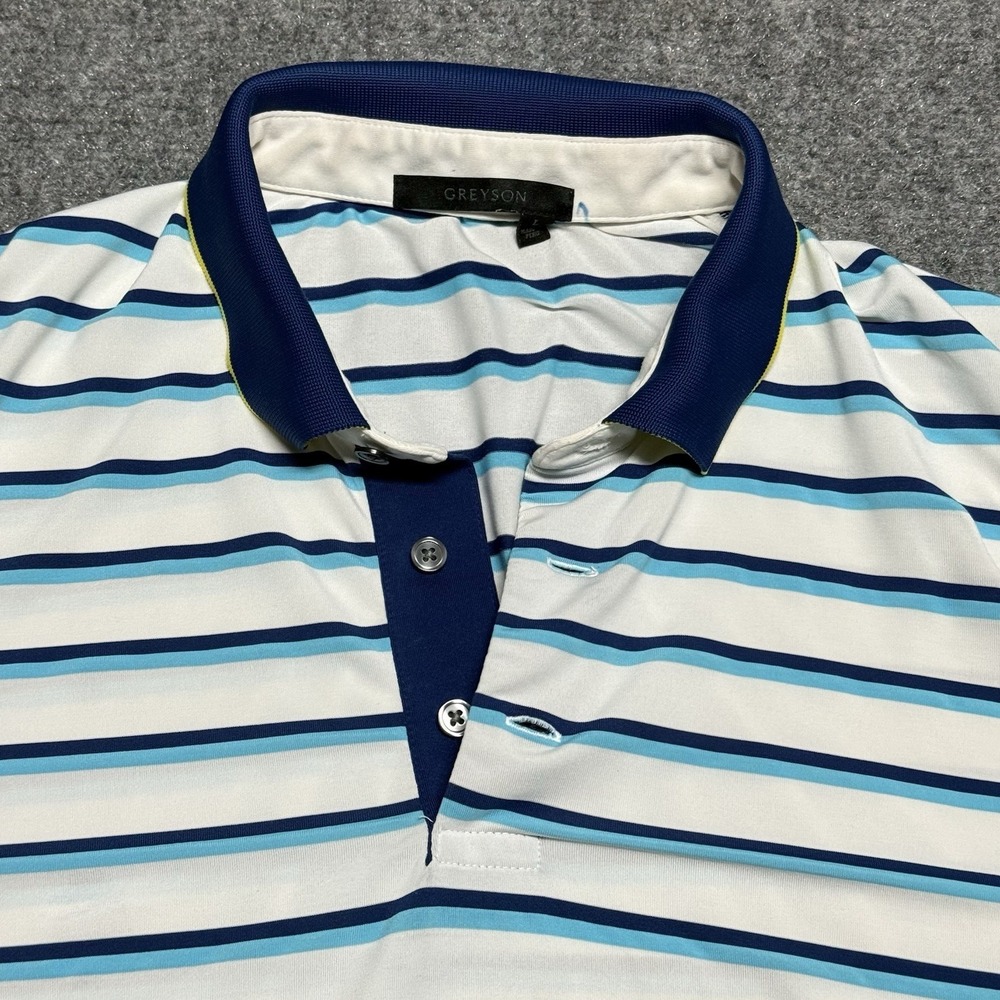 Greyson Polo Shirt Mens L White Blue Stripe Jonathan's Landing Jupiter Florida - Picture 1 of 6